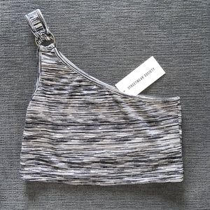 Grey One Shoulder Crop Top with Silver Ring Hardware Detail